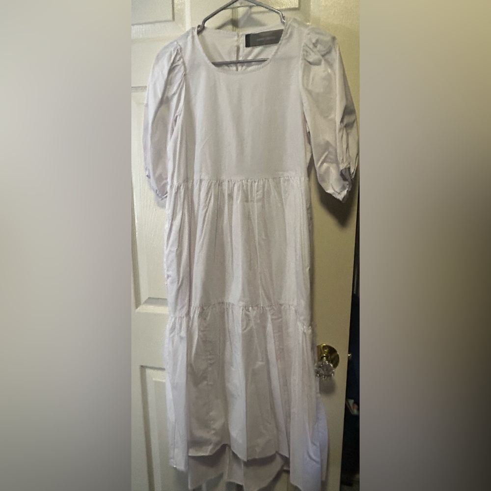 White Ruffled Tiered High Low Sundress with Bishop Sleeves